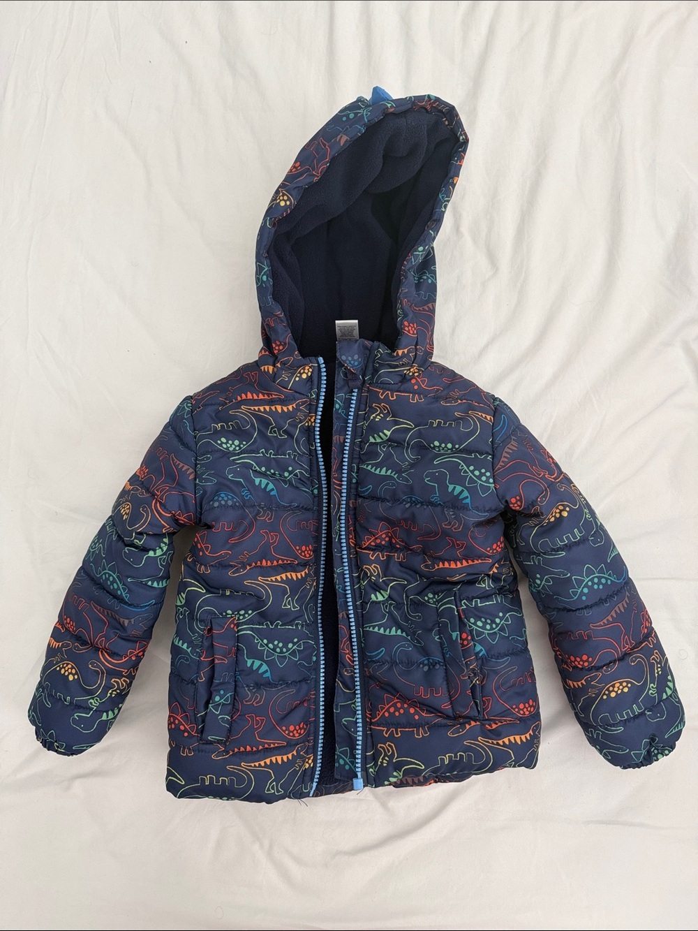 Kids Navy Puffer Jacket with Colorful Dinosaur Print